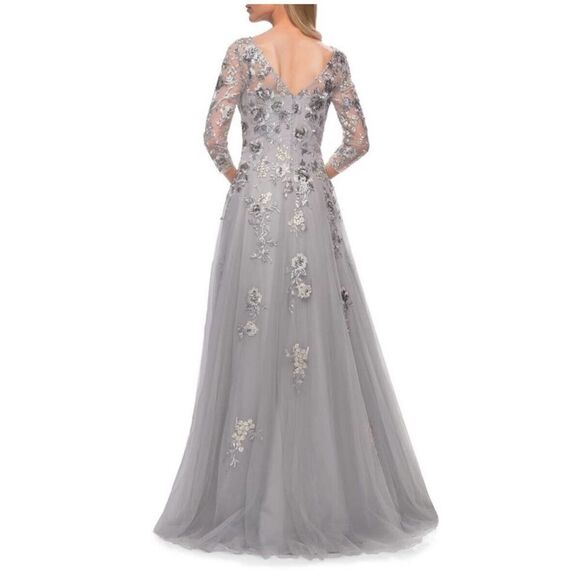 La Femme 29725 Beaded Lace Tulle A-Line Gown Maxi NWT in Silver Size 2 $635 - Picture 2 of 7